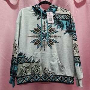 Emery Rose Turq / Black Tribal Print Hoodie Sz.S